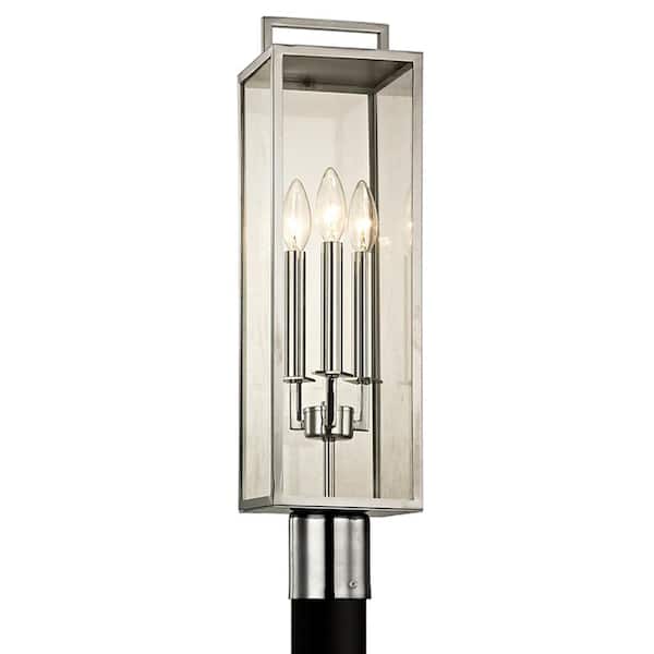 Troy Lighting Beckham 3-Light Polished Stainless 23.75 in. H Outdoor Post Light with Clear Glass