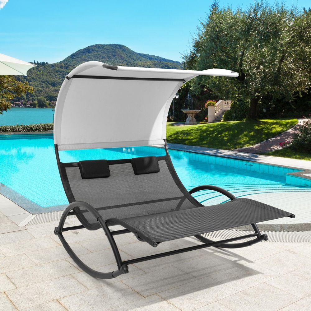 Black Metal Patio Double Sun Bed Chaise Lounge Chair Outdoor Rocking Chair with Wheels and White Canopy and Black Seat price history on PriceWatchPro