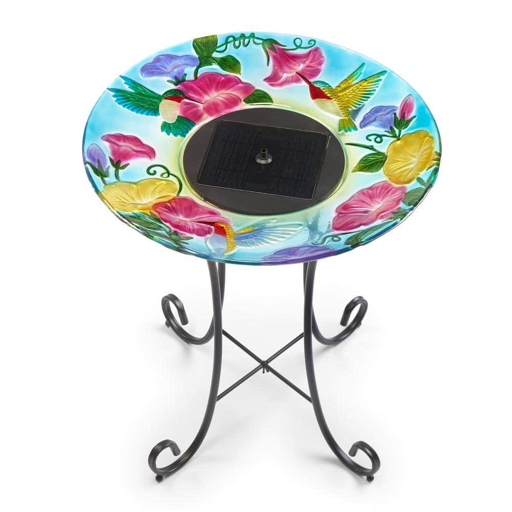Hummingbird Hand-Painted Glass Solar Birdbath with Steel Stand