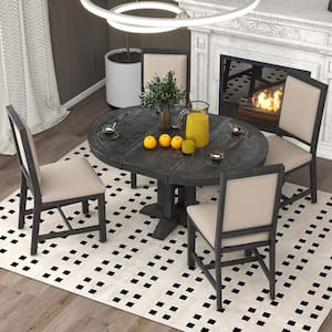 Farmhouse 5-Piece Black Wood Top Extendable Round Dining Table Set with 4-Upholstered Chairs