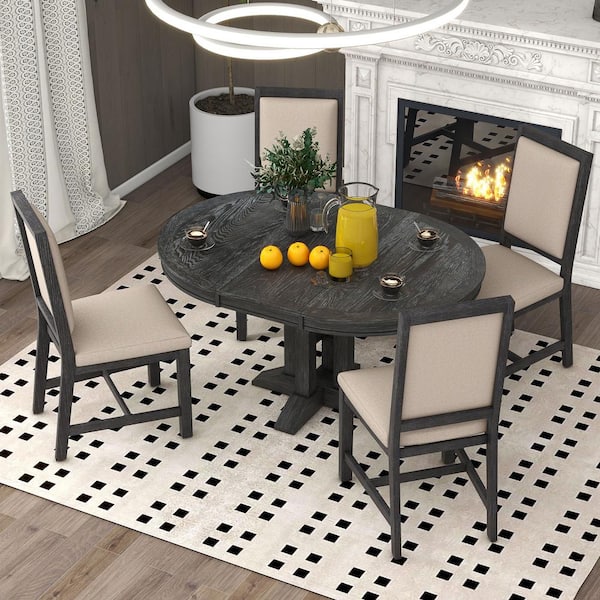 Harper & Bright Designs Farmhouse 5-Piece Black Wood Top Extendable Round Dining Table Set with 4-Upholstered Chairs