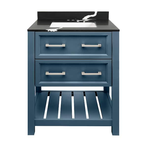 Amluxx Milan 25 in. W x 19 in. D Bath Vanity in Navy Blue with Quartz Stone Vanity Top in Calacatta Black