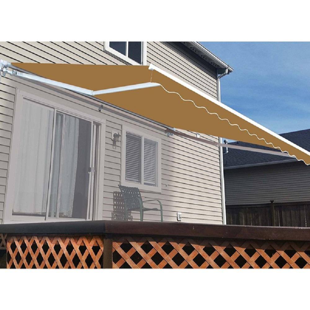 Motorized Sand Beige Polyester Patio Awning with White Frame