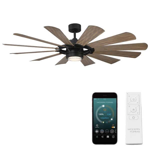 Modern Forms Wyndmill 65 in. Smart Indoor/Outdoor 12-Blade Ceiling Fan Matte Black Barn Wood with 3000K LED and Remote Control