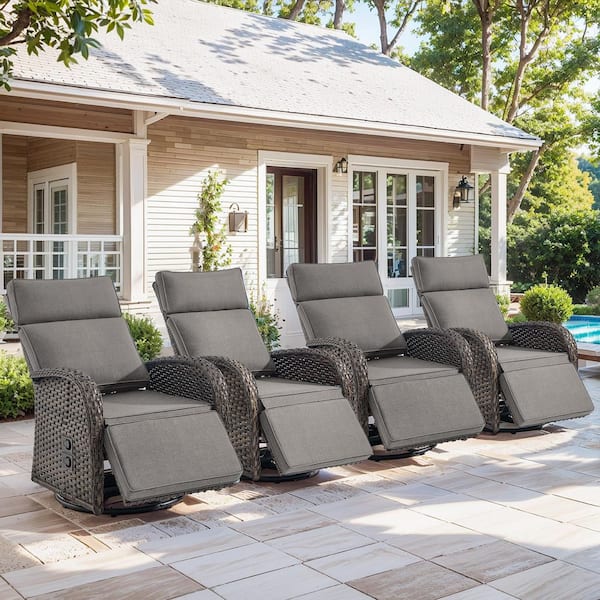 Rotavia Reclining 4-Piece Wicker Outdoor 360° Swivel Recliner with Gray Cushions, Adjustable Backrest and Footreat