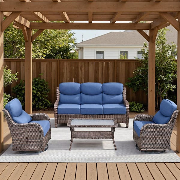 Arcadia Brown 4-Piece Wicker Patio Conversation Set with Swivel Gliders and 6 in. Thick Olefin Navy Blue Cushions