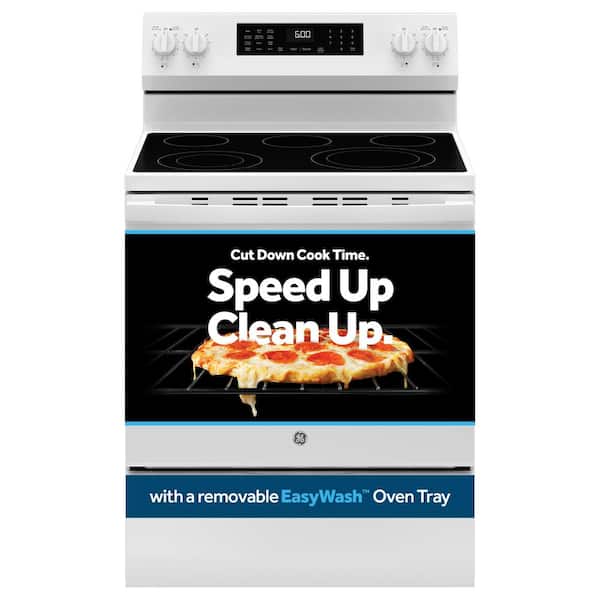 GE 30 in. 5 Element Smart Free-Standing Electric Convection Range in White with EasyWash Oven Tray And No-Preheat Air Fry
