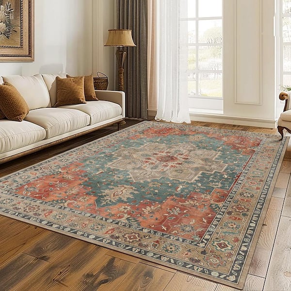 Medallion Blue Orange Beige 8 ft. x 10 ft. Persian Area Rug