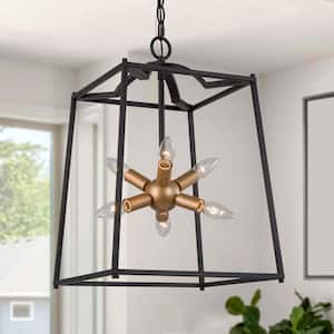 6-Light Black Industrial Metal Farmhouse Square Wide Cage Chandelier