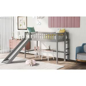 Gray Twin Size Low Loft Bed with Slide, Full Length Guardrail, and Built-in Ladder