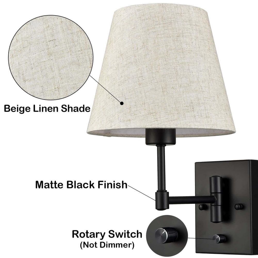 Black Swing Arm Wall Sconce with Beige Fabric Shade