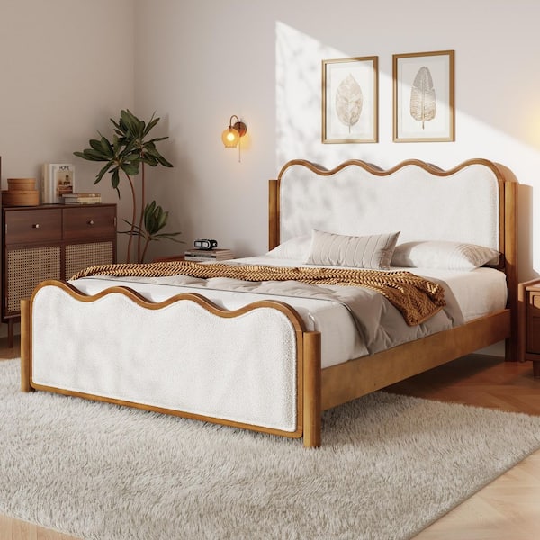 Ivory and Walnut (Brown) Wood Frame Queen Boucle Upholstered Platform Bed with Unique Wavy Curved Headboard