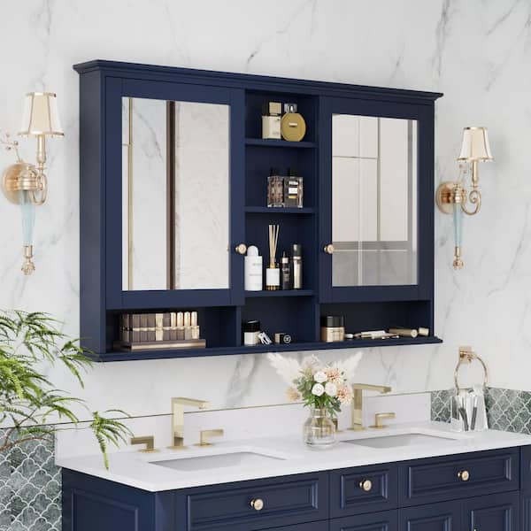 55 in. W x 35 in. H Rectangular Solid Wood Bathroom Medicine Cabinet with Mirror, 2-Soft-Closed Doors, Shelf, Blue