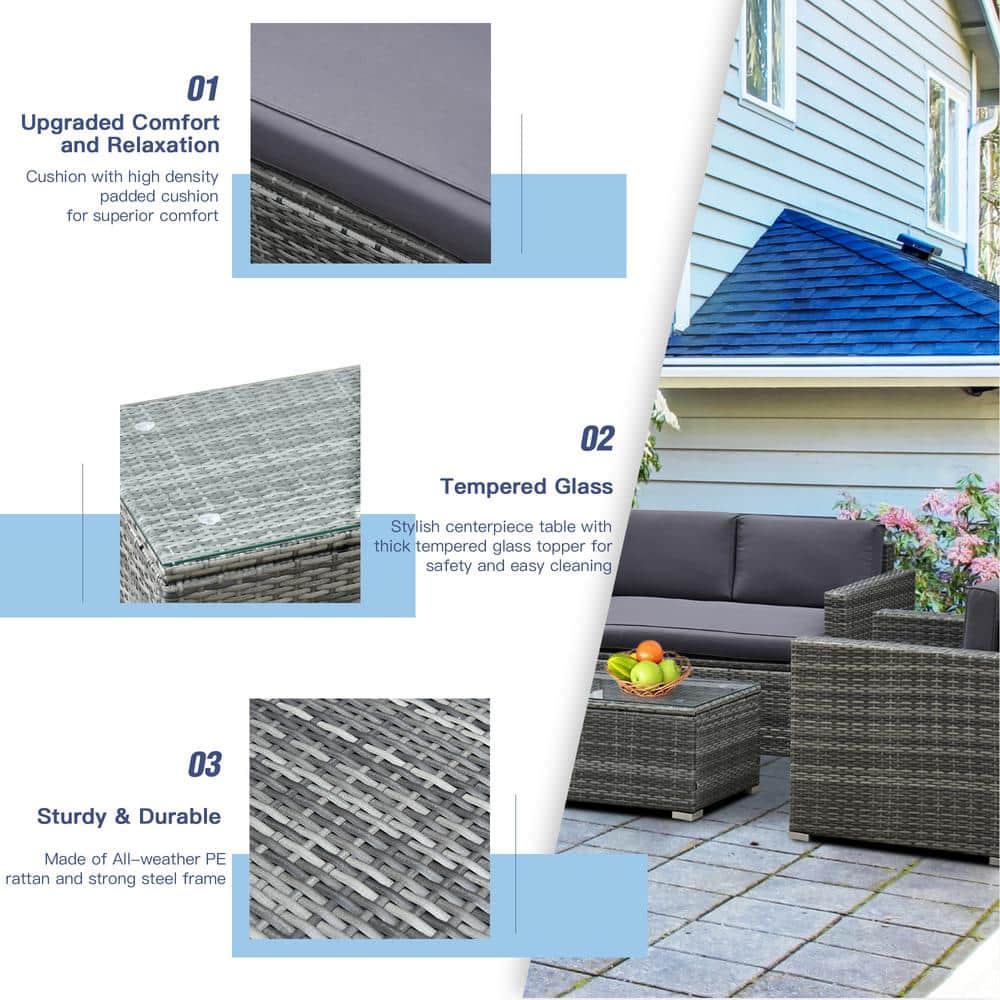 Gray 4-Piece Rattan Wicker Outdoor Furniture Set with Cushions