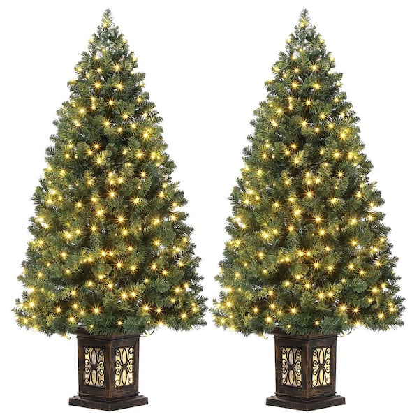 4.5 ft. Pre-Lit Artificial Christmas Tree with 300 Led Lights, 8 Lighting Modes, Includes Antique Urn Base, 2-Piece