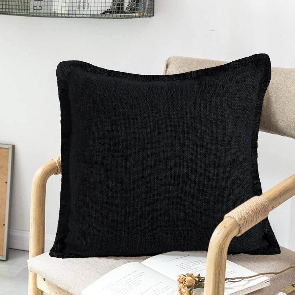 Coastal Chic 20" Square Black Cotton Textured Throw Pillow with Fringe