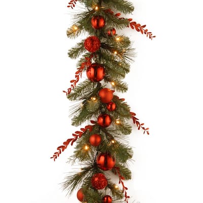 6 Ft LED Lighted Frosted Evergreen Pinecones & Red Bows Christmas Garland 