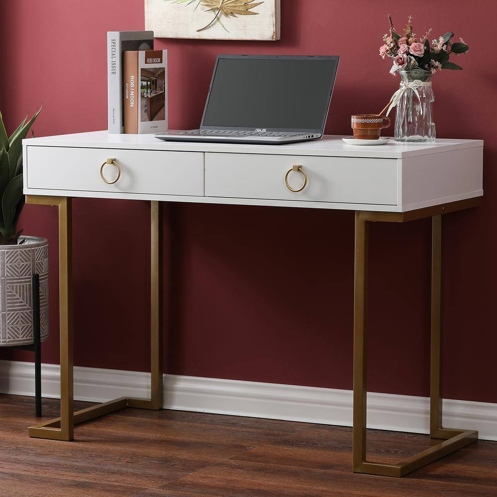 White Wood and Gold Metal Two Drawer Writing Desk