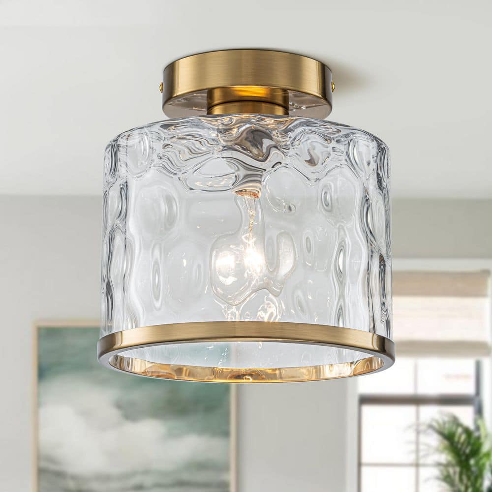 8.07 in. Gold Farmhouse Semi-Flush Flush Mount Ceiling Light with Cylinder Hammered Glass Shade price history on PriceWatchPro