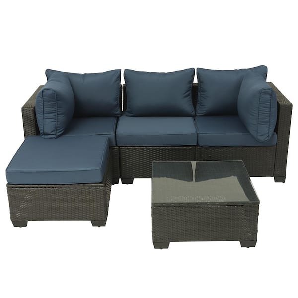 Unbranded 5 -Piece Dark Coffee Brown Wicker Outdoor Sectional Sofa Set with Dark Blue Cushion