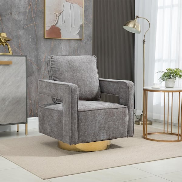 Unbranded 30.7 in. W Gray Chenille 360° Swivel Arm Chair with Open Back and Gold Stainless Steel Base Club Chair Leisure Armchair