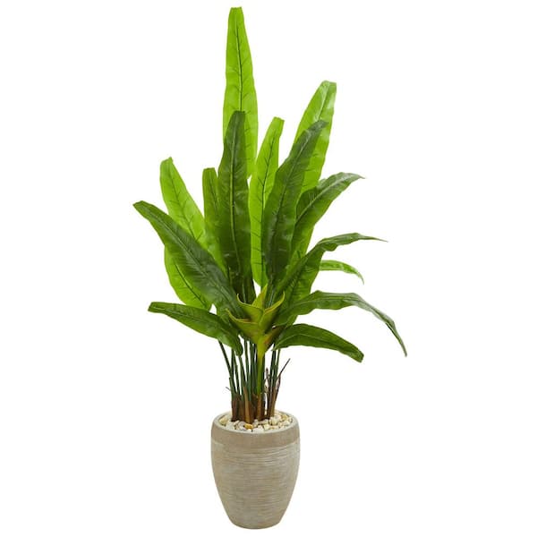 Nearly Natural Indoor 64 in. Travelers Palm Artificial Tree in Sand Colored Planter