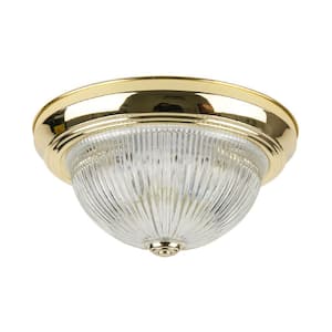 11 in. 2-Light Polished Brass Decorative Dome Ceiling Flush Mount Fixture with Clear Glass Shade