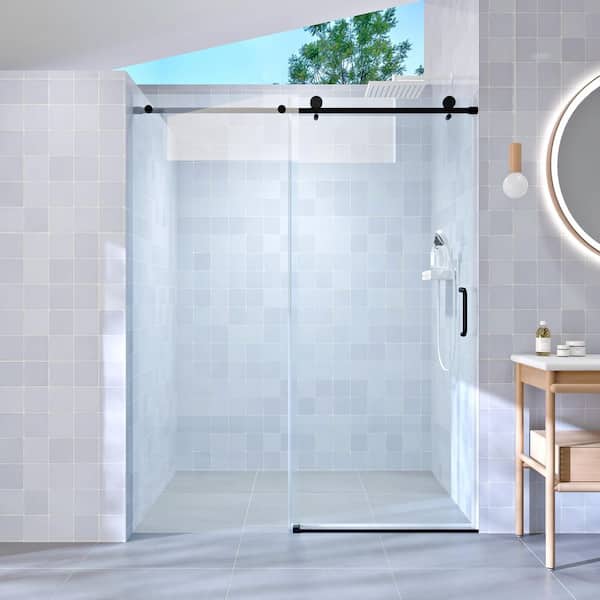 60 in. W x 76 in. H Single Sliding frameless Bypass Bathroom Shower Door with 1/4 in. Tempered Glass in Matte Black