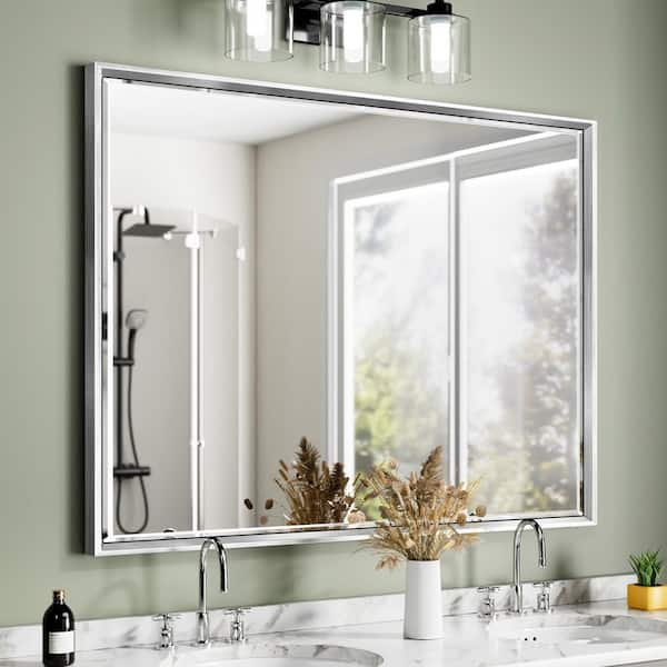 QueenFun OnaBella 40 in. W x 30 in. H Rectangular Aluminum Thin Framed Wall Mount Beveled Bathroom Vanity Mirror in Silver