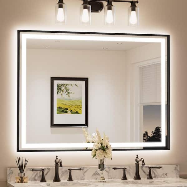 48 in. W x 36 in. H Rectangular Framed LED Lighted Bathroom Vanity Mirror with Light in Black with Backlit and Anti-Fog