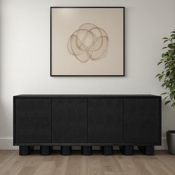 Alarno Black Shagreen-Top Wood Buffet with Oak Frame, Cable Management, and Gold Accents