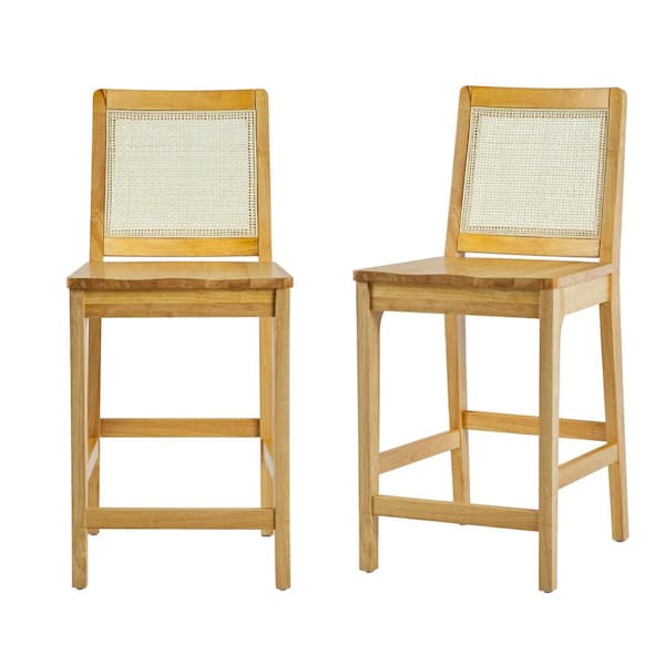 Boho 24 in. Natural High Back Solid Wood Counter Stool with Wood Seat, Set of 2