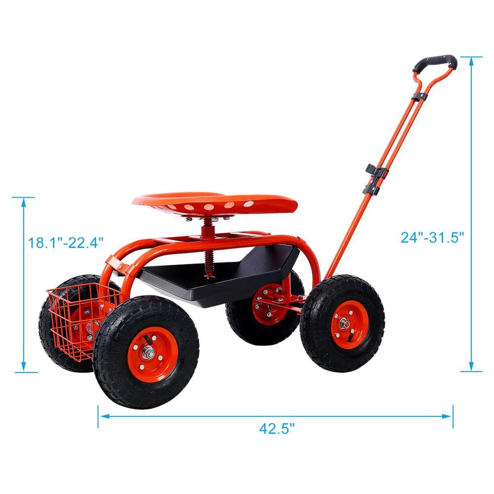 Red Steel Rolling Garden Scooter with Swivel Seat and Tool Tray