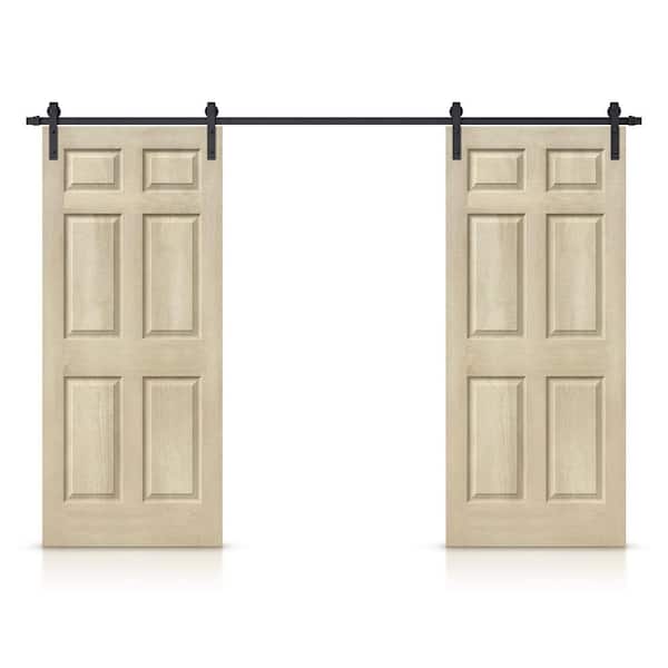 CALHOME 36 in. x 80 in. Vintage Cream Stain Composite MDF 6-Panel Interior Double Sliding Barn Door with Hardware Kit