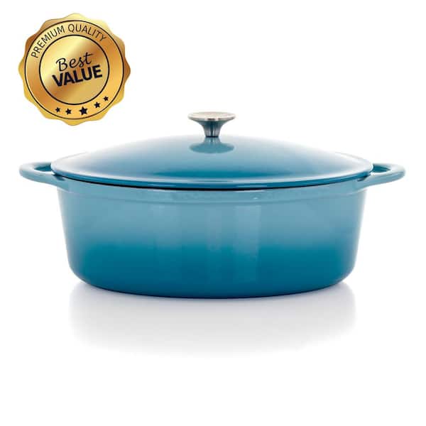 MegaChef Artisan 7 qt. Oval Enameled Cast Iron Nonstick Casserole Dish in Aqua Blue with Lid