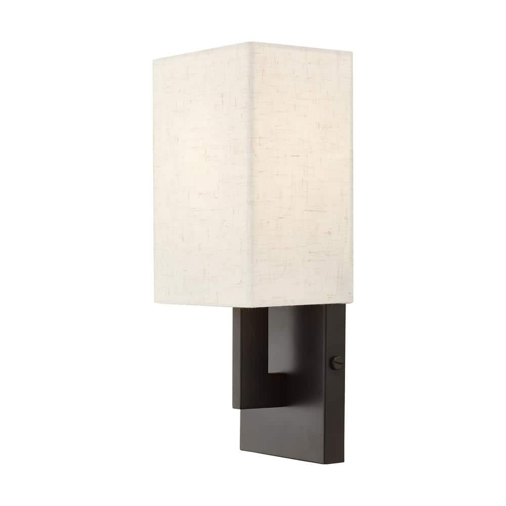 English Bronze Wall Sconce with Oatmeal Fabric Shade