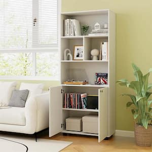 66 in. Tall White Engineered Wood 5-Shelf Accent Bookcase with Adjustable Shelves, Concealed Storage