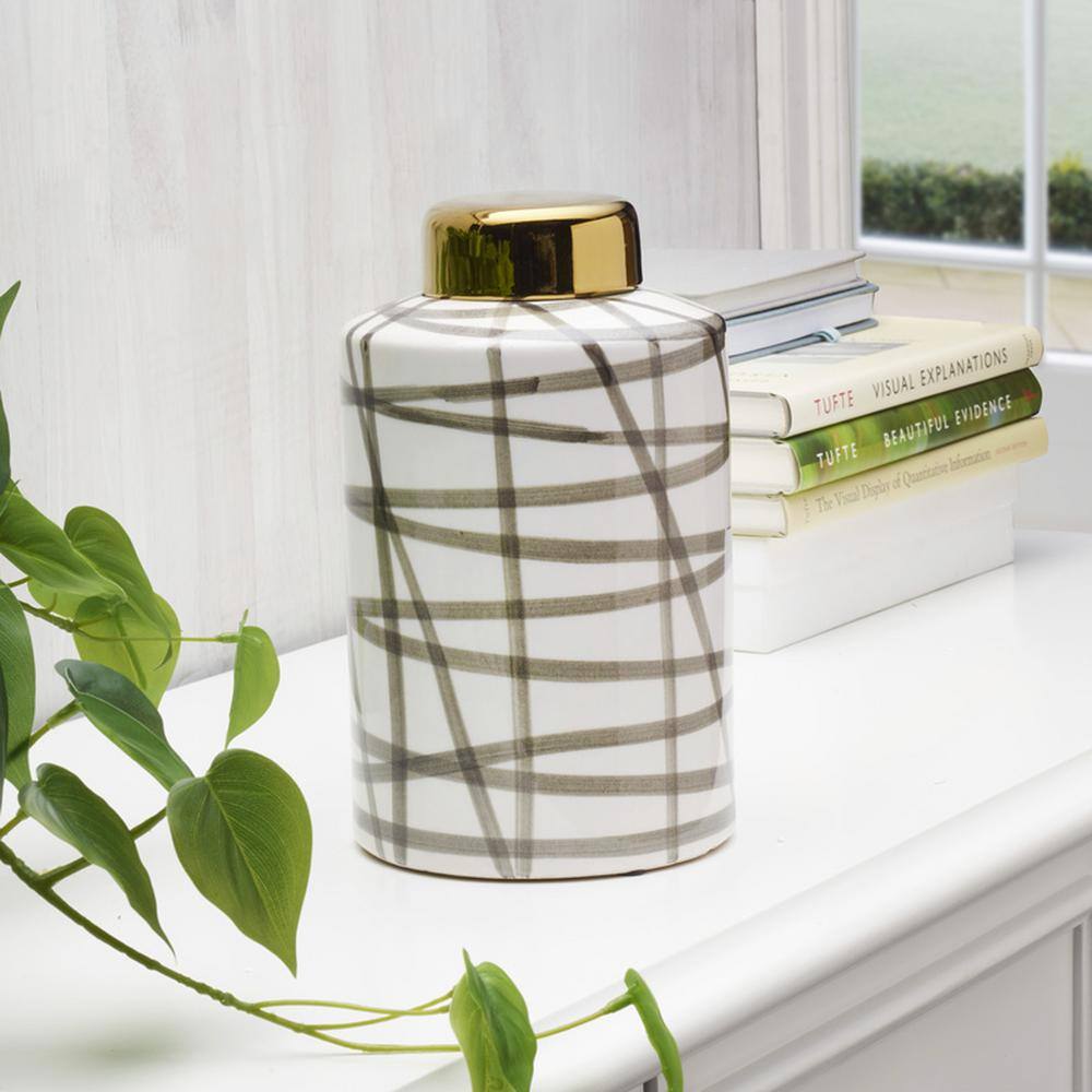 Modern Black and White Ceramic Cylinder Jar with Gold Lid
