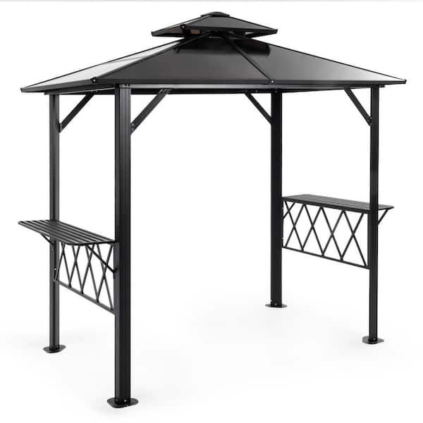 8 ft. x 5 ft. Gray Metal Outdoor Hardtop BBQ Canopy Gazebo with 2-Tiered Peaked Roof and 2 Shelves for Garden, Patio