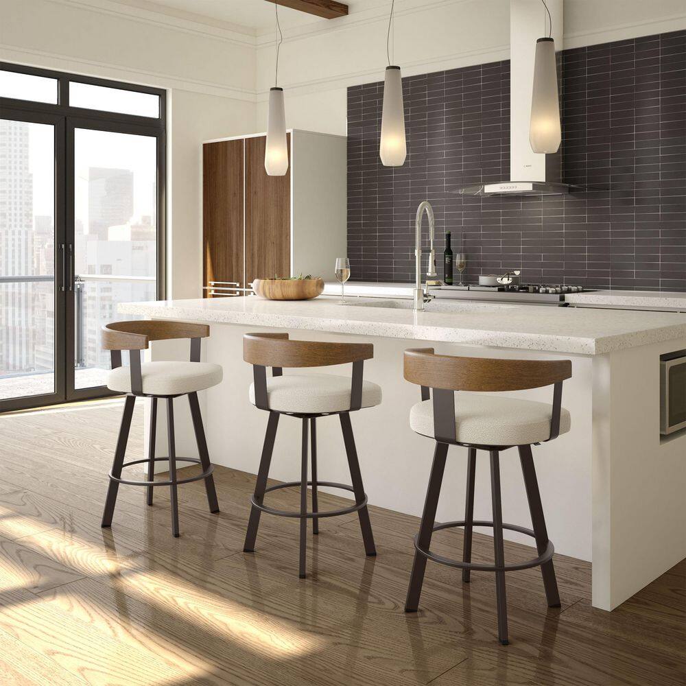 Lars 30'' Swivel Bar Stool in Cream Bouclé and Brown Wood