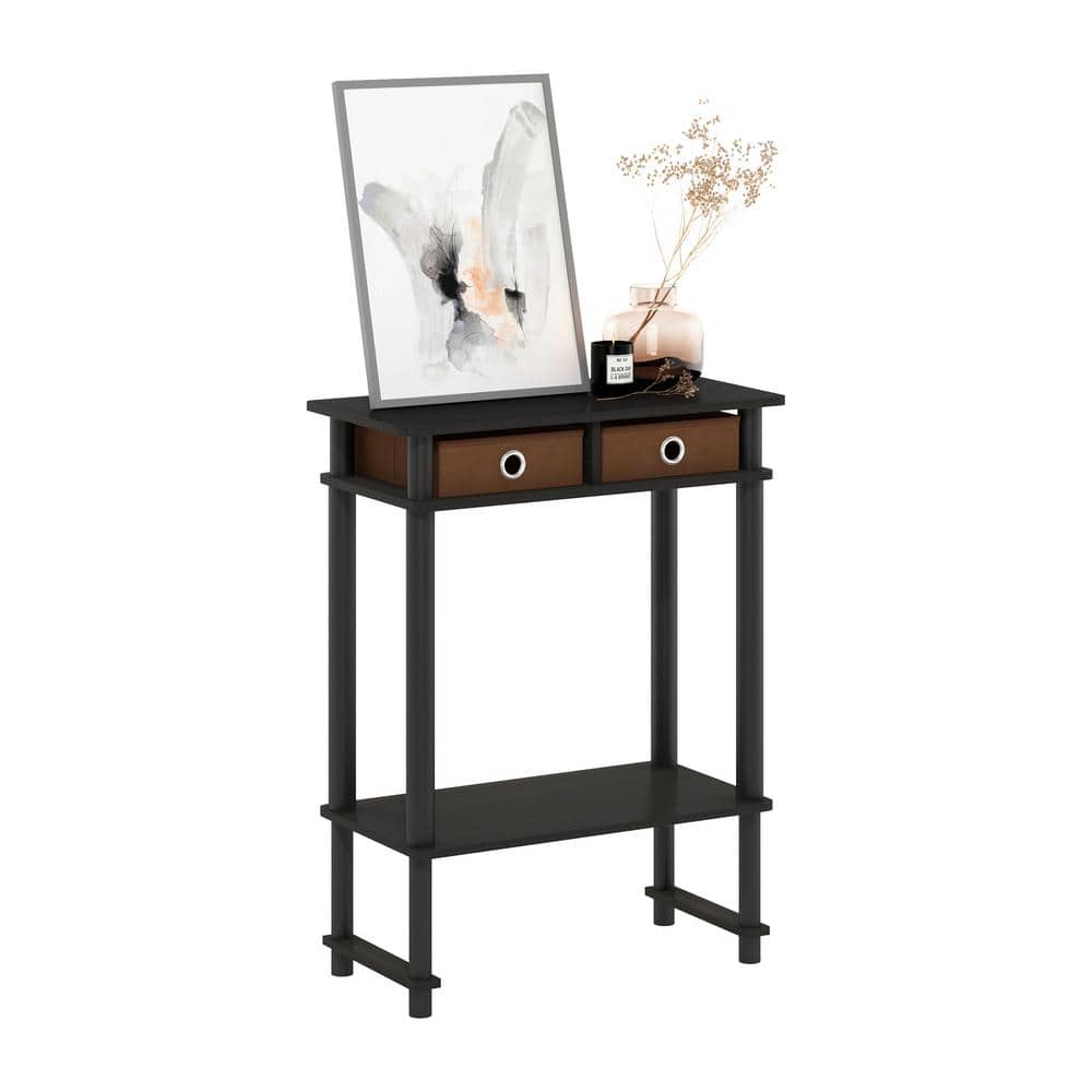 Espresso and Brown Tall-Wide Console Table with Bin Drawers