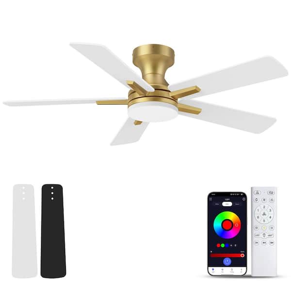 42 in. Smart Outdoor Indoor Gold Flush Mount Ceiling Fan with RGB LED Lights and APP/Remote Control, Dimmable, 6-Speeds