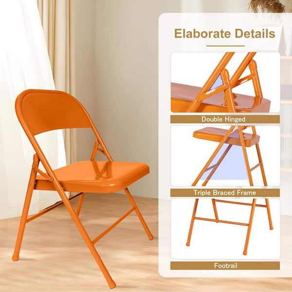 Orange Metal Folding Chairs Set of 4, Heavy Duty Stackable Fold Up Chairs for Indoor Outdoor Events, Standard Seat