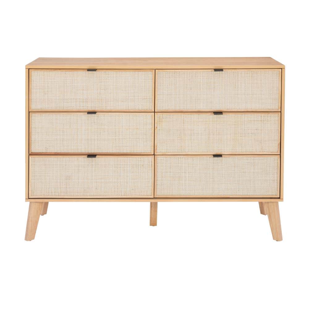 Mid-Century Natural Wood and Rattan 6-Drawer Dresser