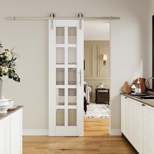 ARK DESIGN 24 in. x 80 in. 10-Lite Clear Glass White Primed Sliding Barn Door with Hardware Kit Nickel Plated
