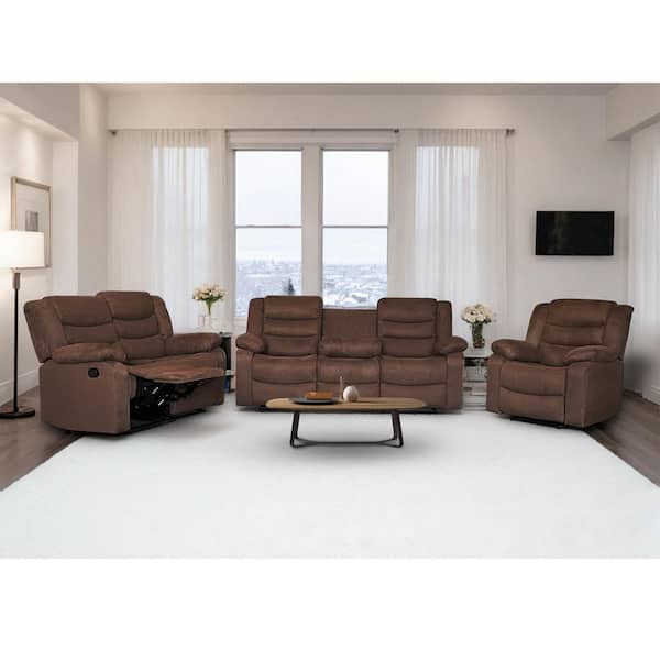 Ellesophas 3 Piece Fabric Brown Manual Reclining Sofa Set with Drop-Down Table and Cup Holders,Living Room Set
