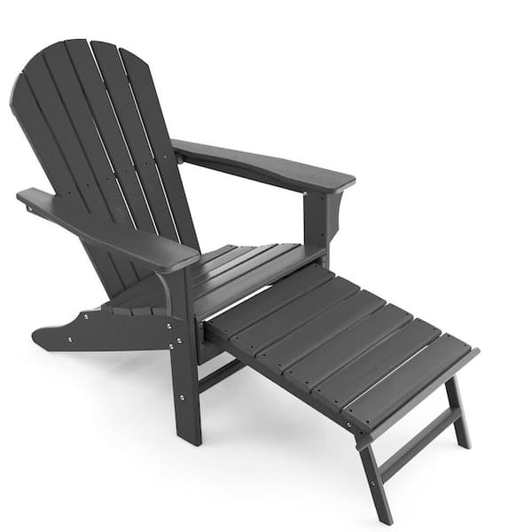 WELLFOR Black HDPE Adirondack Chair with Retractable Ottoman (Set of 1)