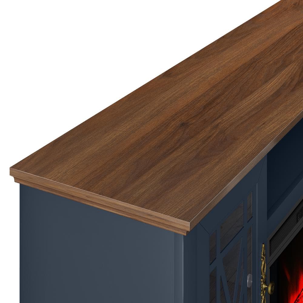 Navy and Natural Wood 62" TV Stand with Fireplace