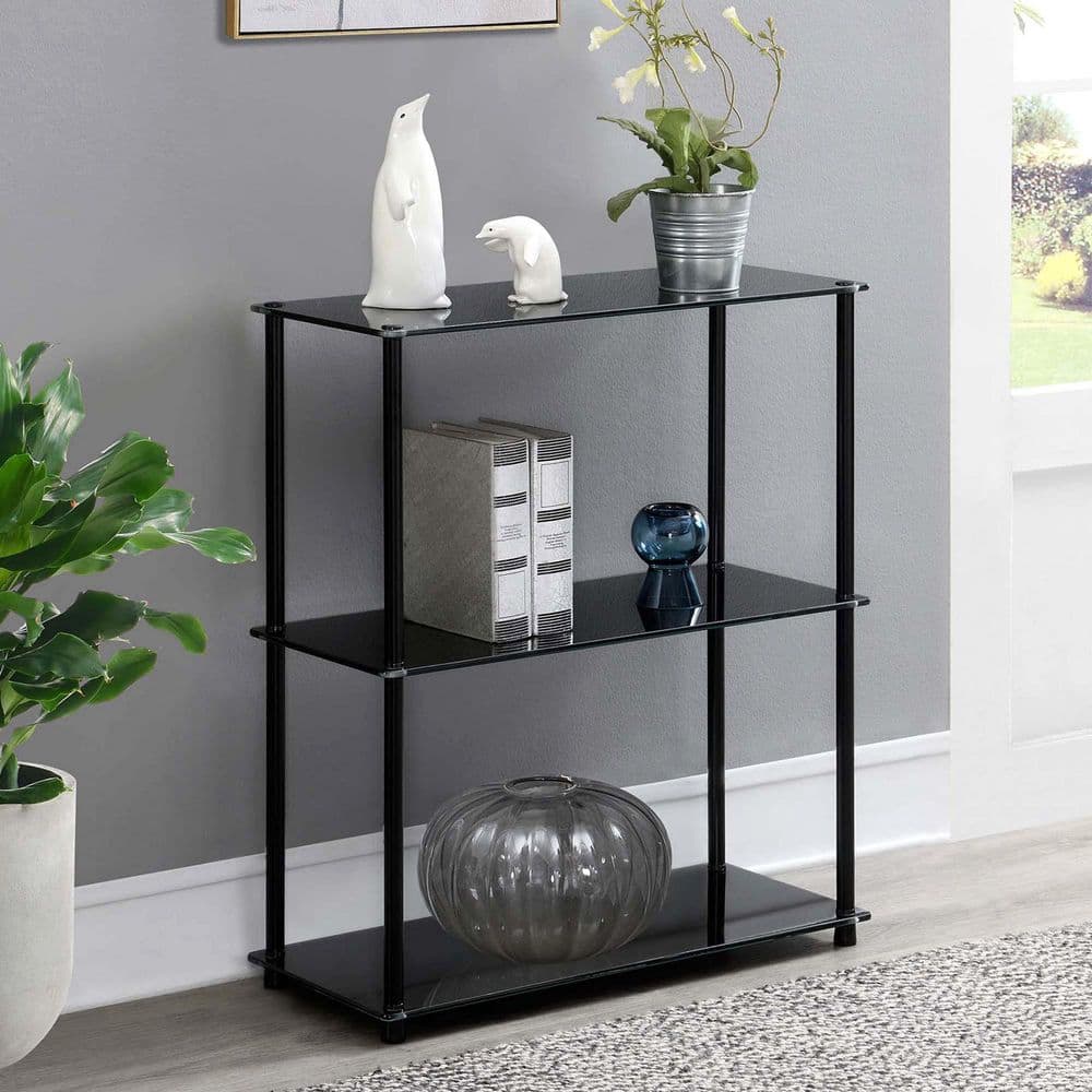 Black Glass 3-Shelf Bookcase with Stainless Steel Legs