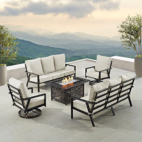 Oakland Living Black 5-Piece Aluminum Patio Fire Table Set with 2-Deep Seating Sofa with Light Gray Cushions and 2-Club Chairs